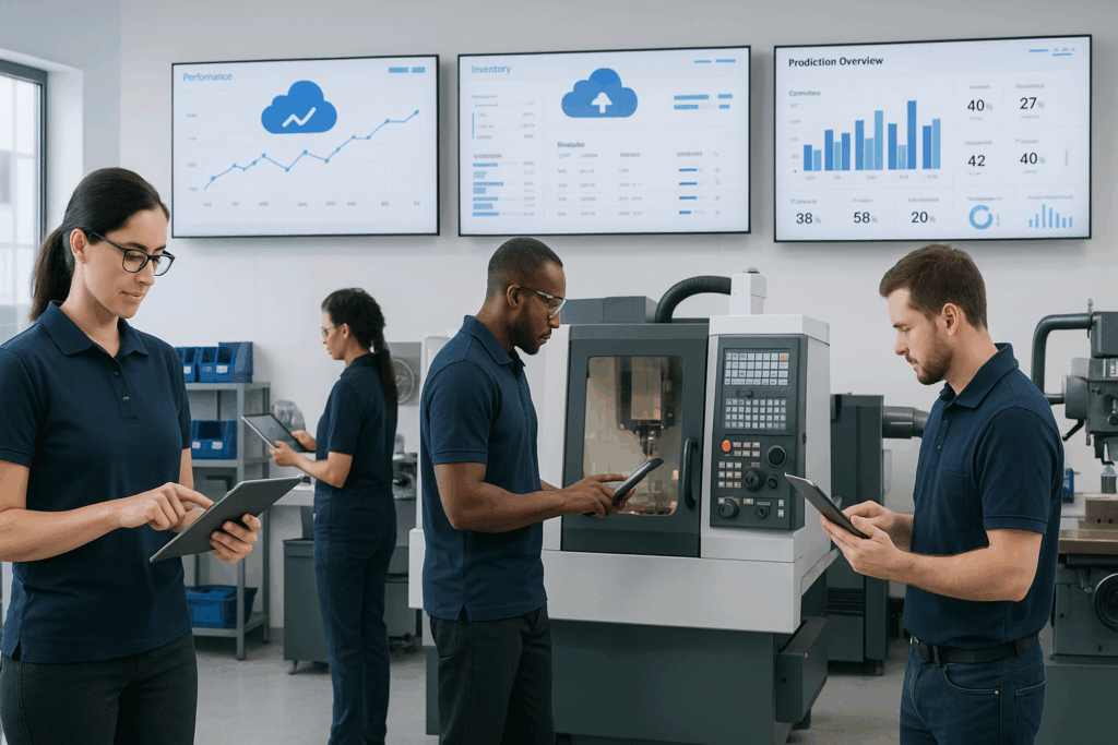 Cloud-Based Manufacturing Software for Small Businesses showing workers managing production with cloud dashboards and connected factory equipment.