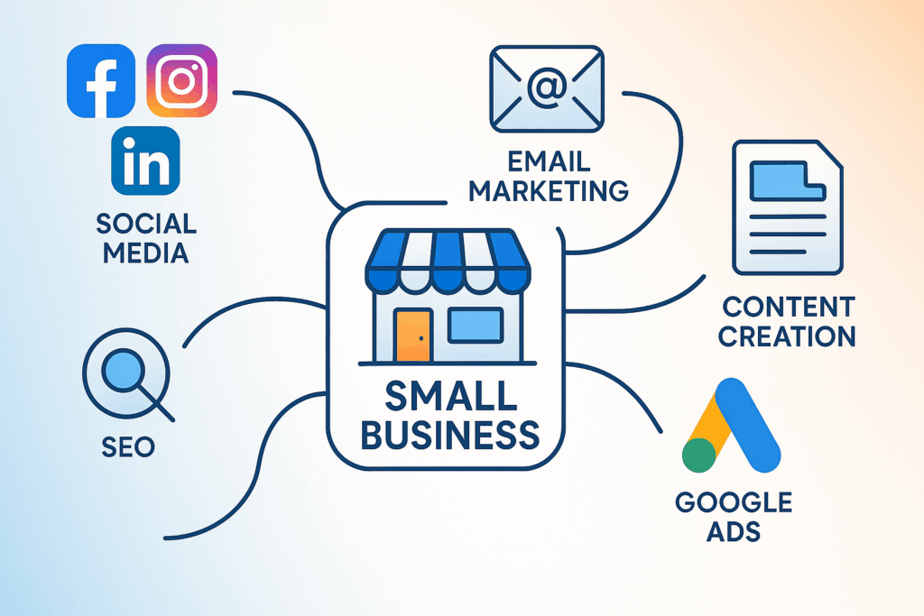 Multi-Channel Approach: Why One Platform Isn’t Enough for a Small Business Marketing Strategy — digital illustration showing social media, email, SEO, and ads connected to a small business hub.