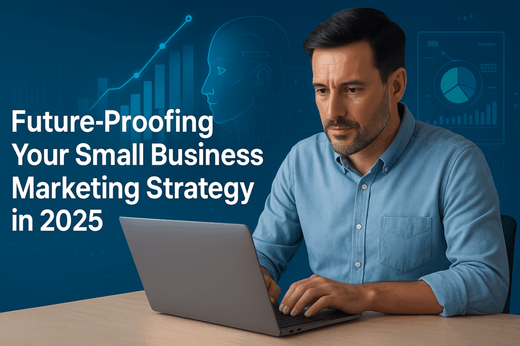 “Future-Proofing Your Small Business Marketing Strategy in 2025 – a business owner using AI-driven digital marketing tools and analytics dashboard to plan future campaigns.”