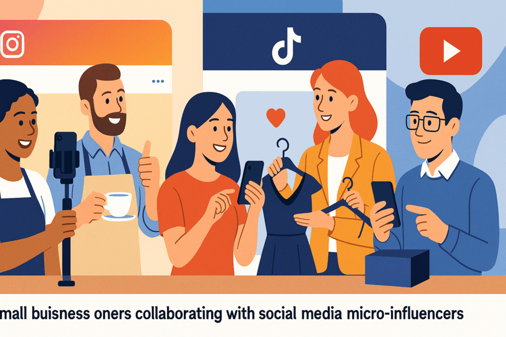 Social Media Micro-Influencers: The Secret Weapon for Small Business Marketing — small business owners collaborating with influencers across Instagram, TikTok, and YouTube.