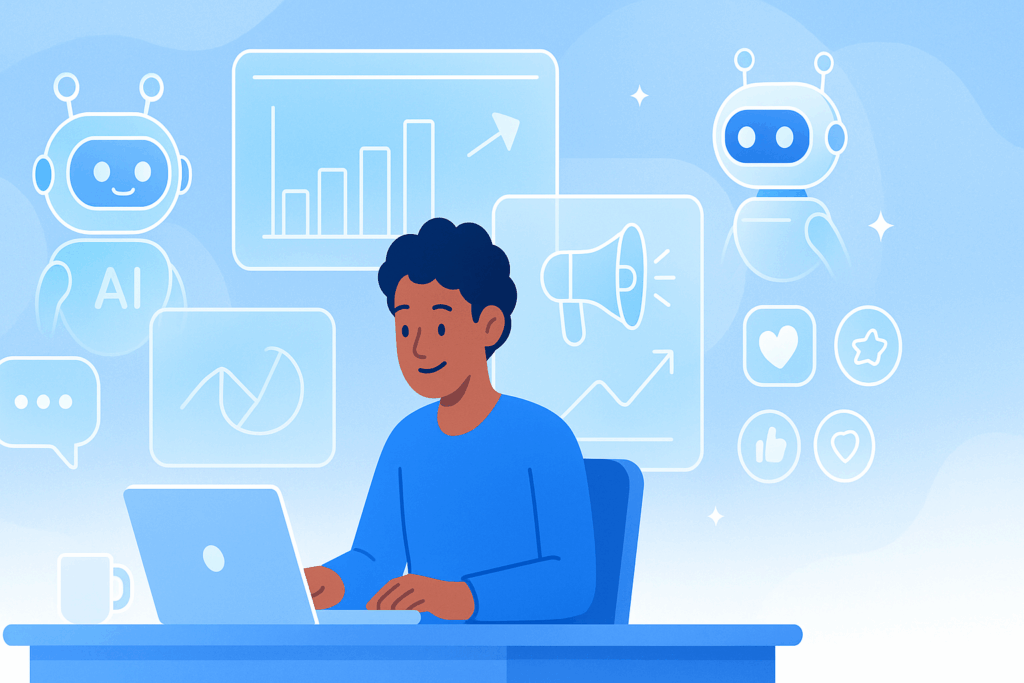 A modern flat-style illustration of a small business owner at a desk surrounded by holographic AI tools — chatbots, analytics dashboards, marketing graphs, and social media icons — in bright blues and whites, depicting a futuristic yet friendly digital workspace symbolizing technology and growth.