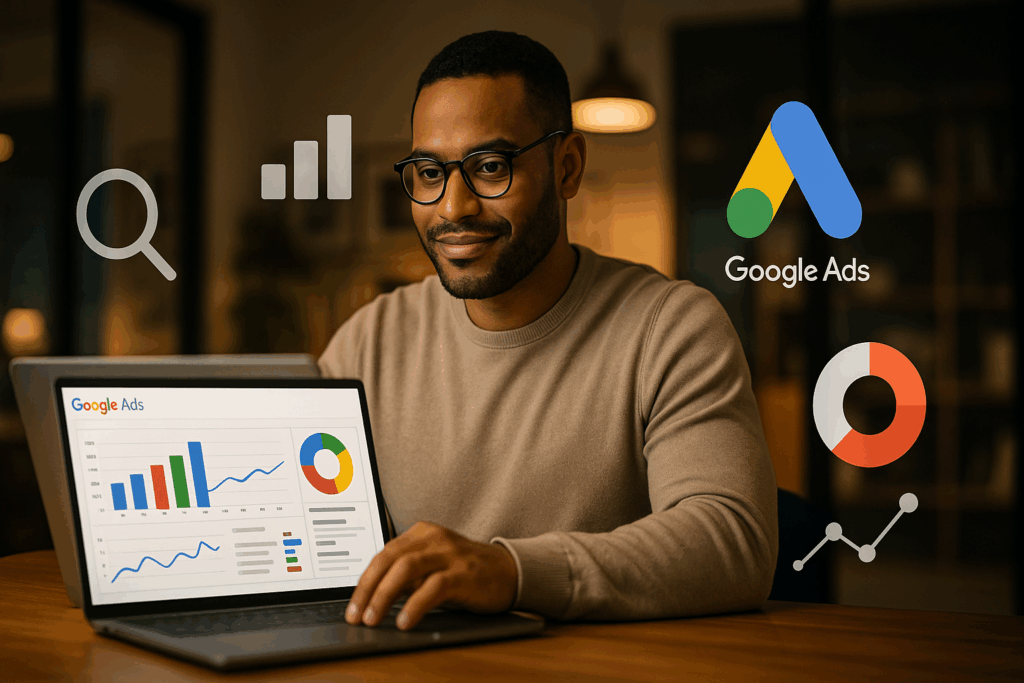 “Google Ads for Small Businesses: ROI-Driven Strategies That Work — a small business owner reviewing Google Ads campaign performance on a laptop.”