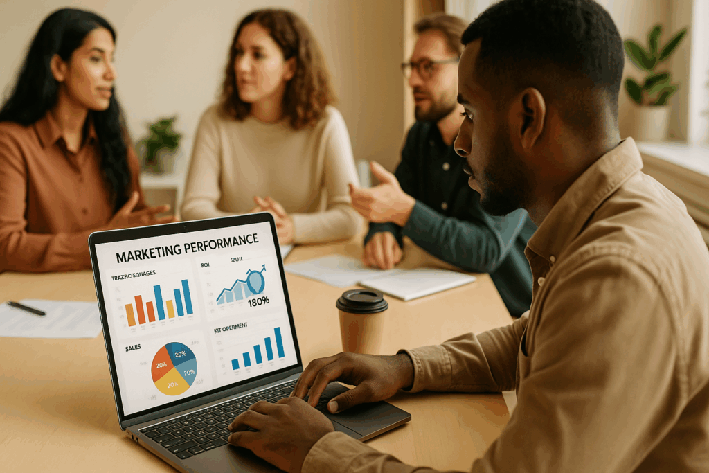 “Measuring ROI in Small Business Marketing: KPIs That Actually Matter – small business owner reviewing marketing performance metrics and ROI dashboards on laptop.”