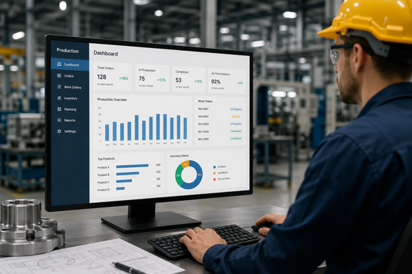 Factory manager using manufacturing software dashboard to monitor production planning, inventory, and work orders in a modern manufacturing facility.