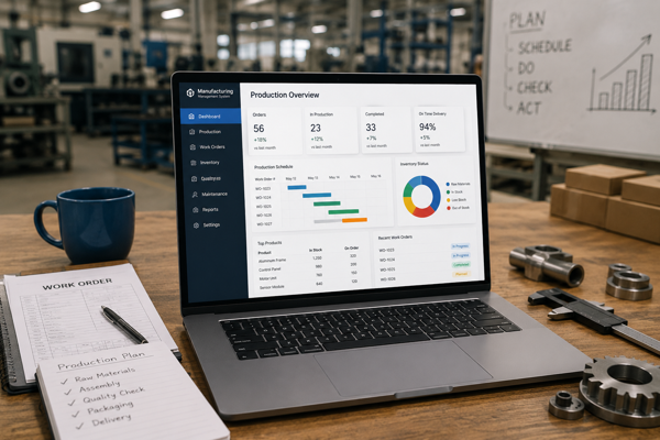 Laptop displaying manufacturing software dashboard with production schedule, inventory tracking, and work order management in a workshop.