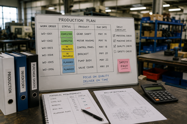 Production planning whiteboard showing work orders, inventory status, and material requirements inside a small manufacturing workshop.