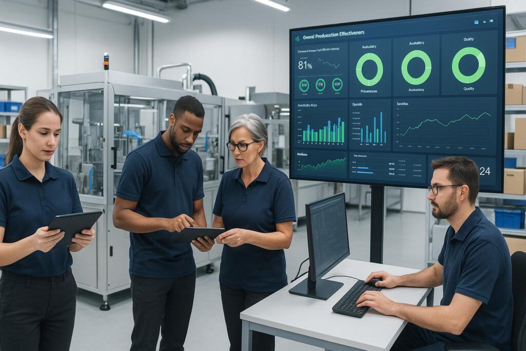 5 Signs Your Small Business Needs Manufacturing Software — small business team using digital manufacturing software to track production and inventory in a modern factory.
