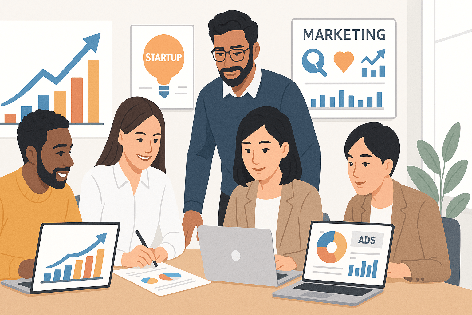 “A modern business team scaling their company from startup to small business through a digital marketing strategy — diverse professionals collaborating around laptops, charts, and marketing dashboards in a bright office environment. Include visuals of growth graphs, marketing icons, and brand visuals to represent a small business marketing strategy. Clean, professional, high-resolution, minimalistic composition suitable as a website blog banner.”