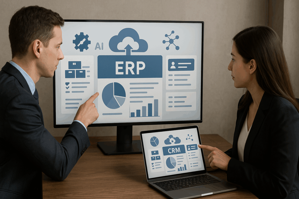 “Realistic office scene showing two professionals analyzing ERP software dashboards on a monitor and laptop.”