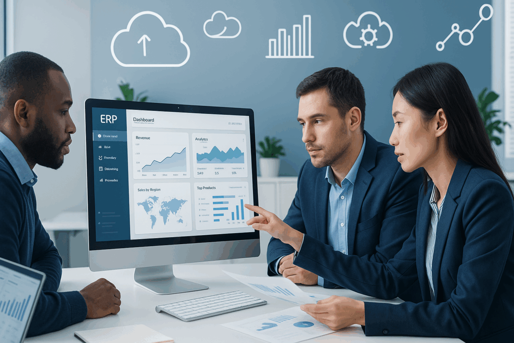 “Dashboard screenshot of modern ERP software designed for small and mid-sized U.S. businesses in 2025”