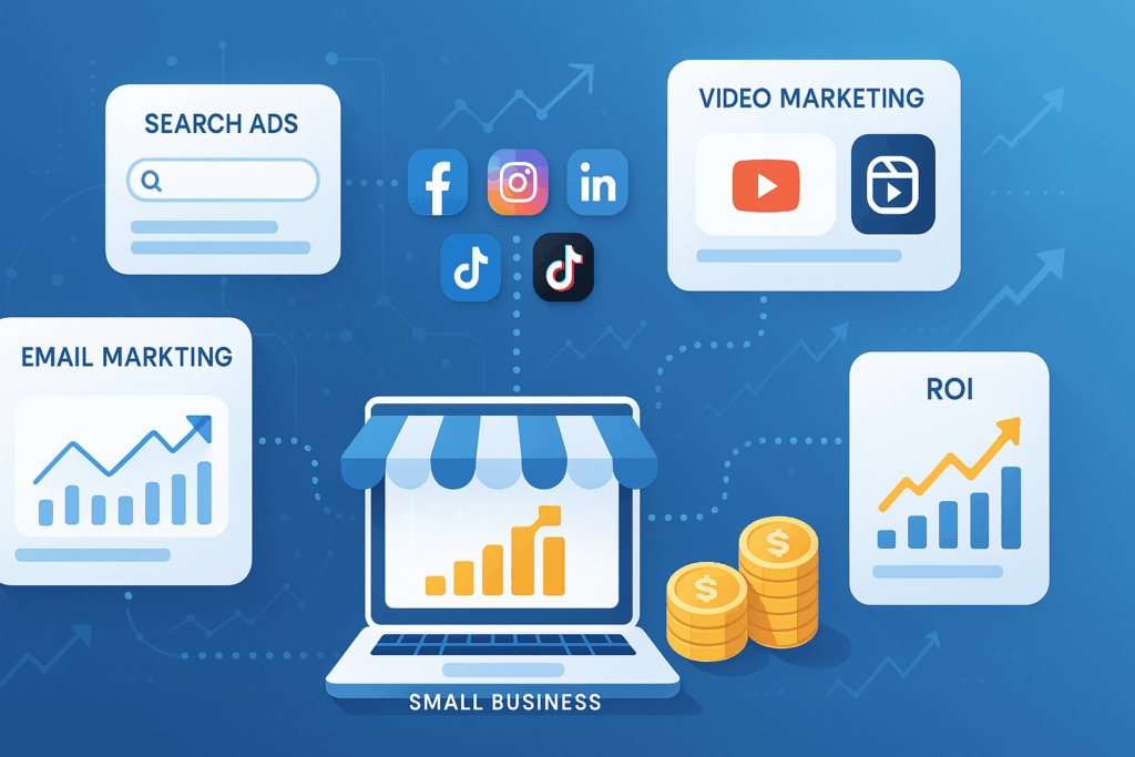 “The Most Profitable Advertising Channels for SMBs in 2025 — digital marketing illustration showing social media, SEO, video, email, and paid search ROI growth.”