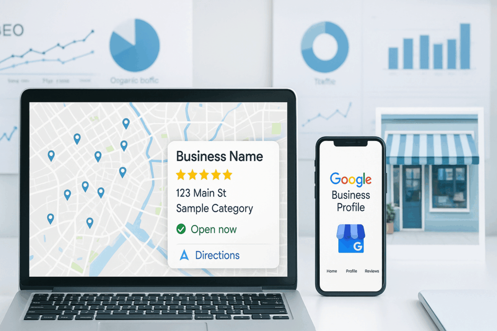 “Google Business Profile Optimization: How to Rank Higher in 2025 — digital marketing workspace showing Google Maps, business listing, and SEO analytics.”