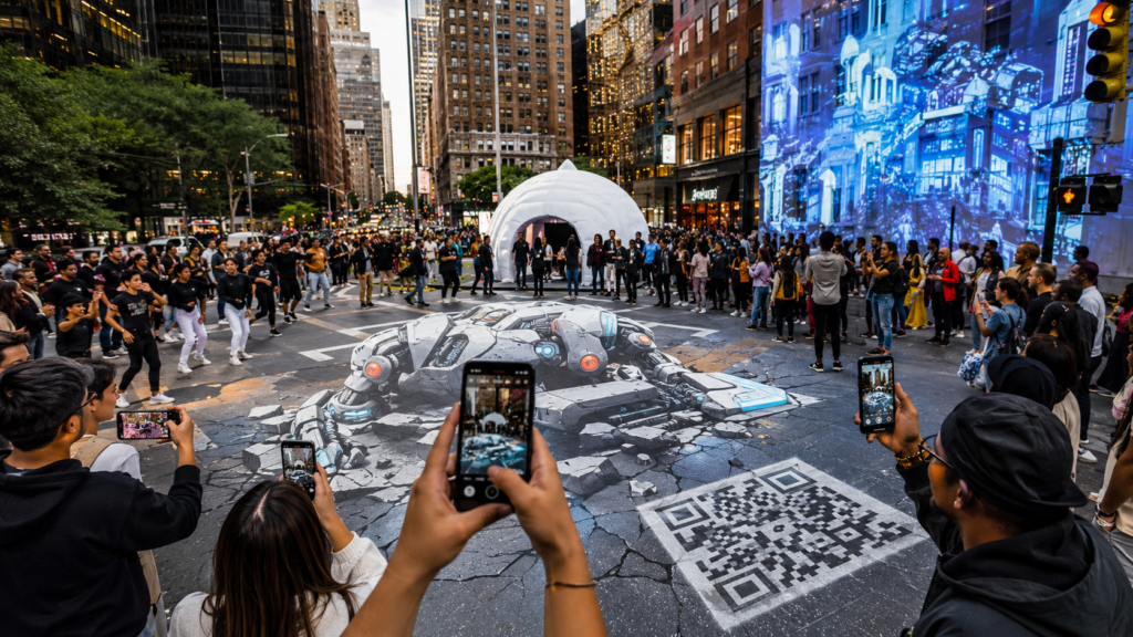 Featured image showing guerrilla marketing ideas including AR street art, pop-up campaigns, and viral advertising activations in a city