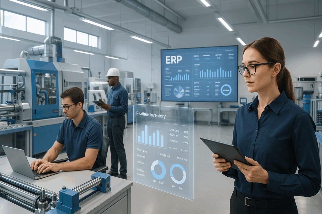 Manufacturing ERP for Small Businesses in 2025: Key Benefits and ROI illustrated through a modern smart factory with digital dashboards and automated workflows.