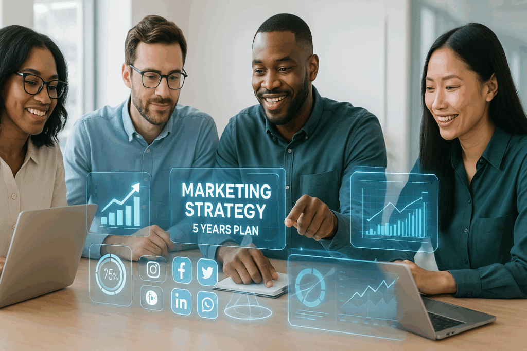 A diverse small business marketing team collaborates around laptops in a bright office, discussing a five-year digital marketing plan with holographic analytics and social media icons, symbolizing future-proof business growth and innovation.