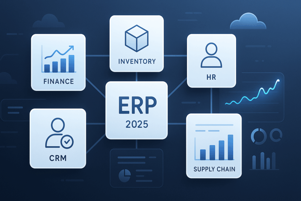 “Futuristic 2025 ERP dashboard illustration showing connected modules for finance, inventory, HR, supply chain, and CRM with blue and white modern UI elements.”