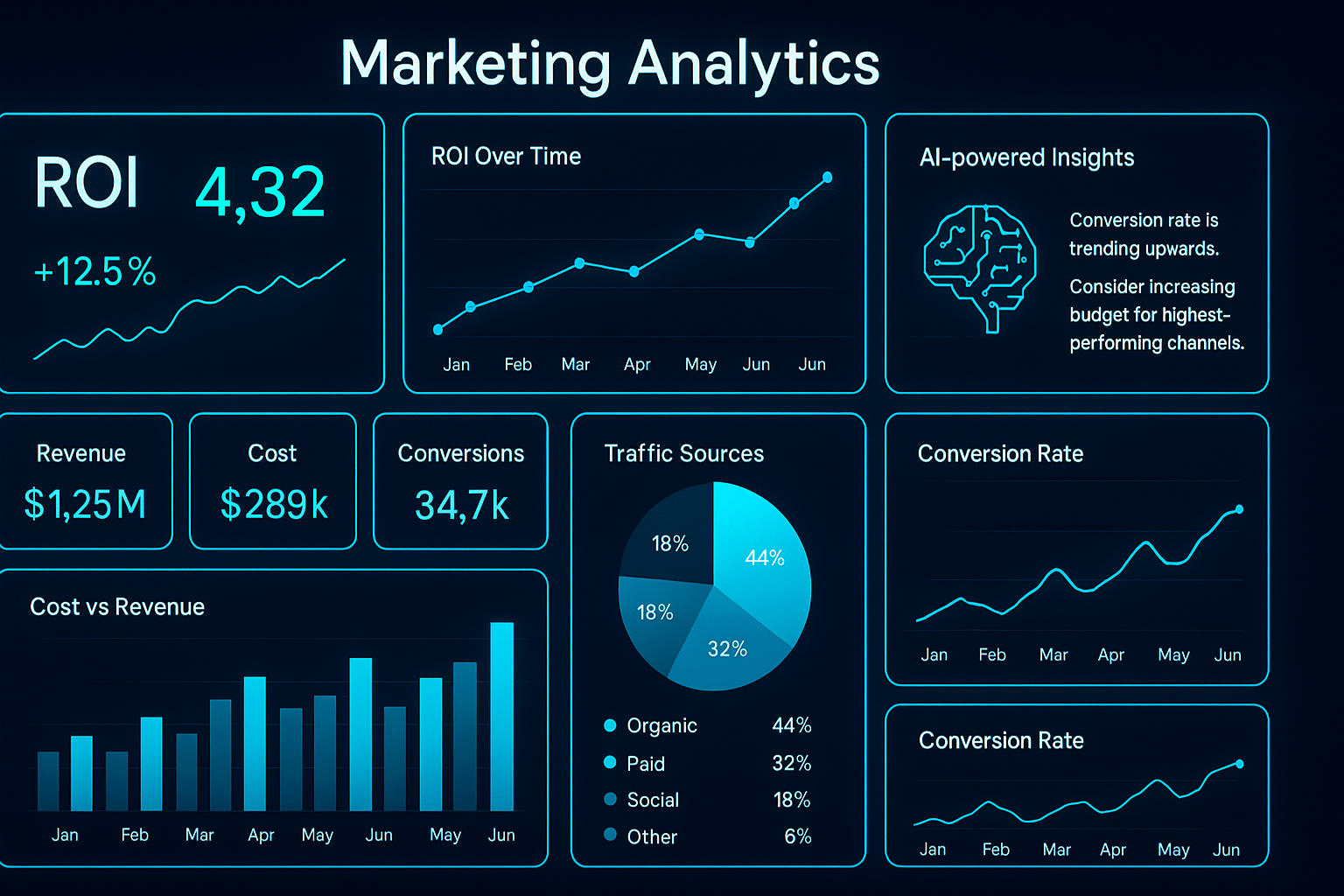 “How to Measure Marketing ROI in 2025: Tools, Metrics, and Frameworks digital marketing analytics dashboard illustration.”