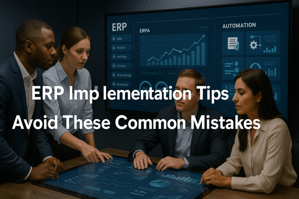 “A diverse team of professionals collaborating around a futuristic digital ERP dashboard in a modern office, reviewing analytics, workflow automation, and system modules, with the title ‘ERP Implementation Tips 2025: Avoid These Common Mistakes’ displayed on screen.”