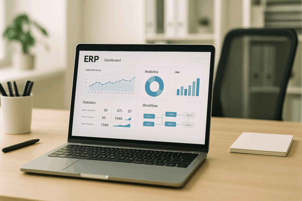 ERP Software Trends 2025: What Every SMB Needs to Know featured image showing an ERP dashboard on a laptop in a modern office setting.