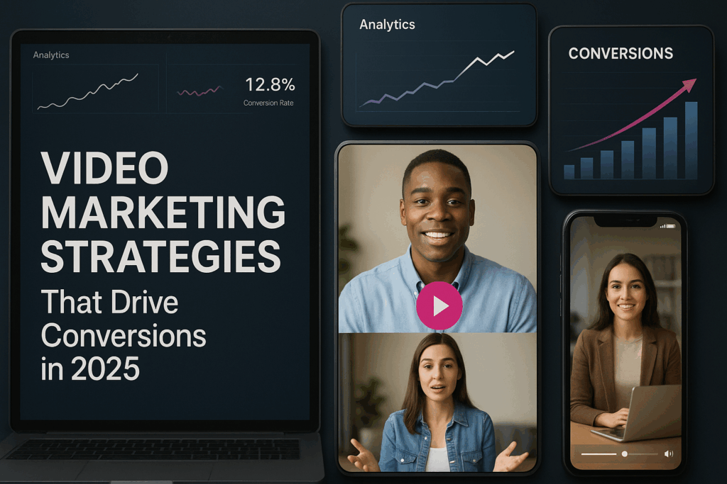 Video Marketing Strategies That Drive Conversions in 2025 illustrated with short-form videos, analytics charts, and AI-powered marketing visuals.