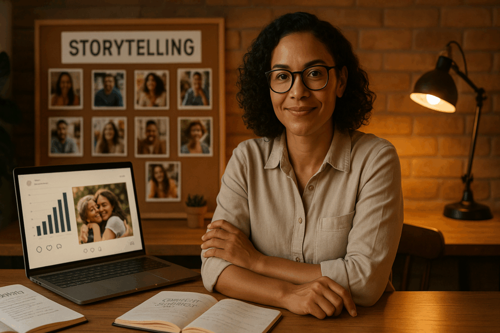 A confident small business owner sits at a cozy wooden desk in a warmly lit office, surrounded by storytelling visuals — open notebooks, a laptop displaying social media analytics, and a corkboard with customer photos labeled “STORYTELLING.” The setting feels authentic, modern, and inspiring, symbolizing storytelling as the heart of small business marketing.