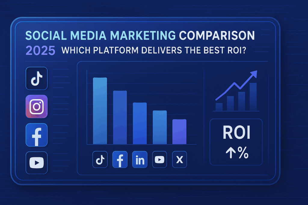 “Digital dashboard comparing TikTok, Instagram, Facebook, LinkedIn, YouTube, and X for Social Media Marketing Comparison 2025, showing ROI charts and platform icons in a clean blue and purple corporate design.”