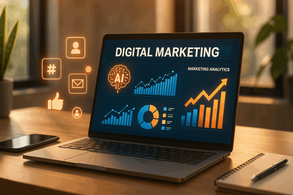 A modern digital marketing workspace for small businesses in 2025 showing a laptop on a wooden desk with a marketing analytics dashboard, AI icons, social media graphs, and growth charts in warm natural light, symbolizing innovation, success, and technology.