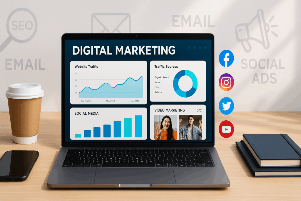 Top Marketing Strategies for Small Businesses in 2025 to Boost Sales and Visibility – digital marketing dashboard with SEO, social media, and analytics charts.