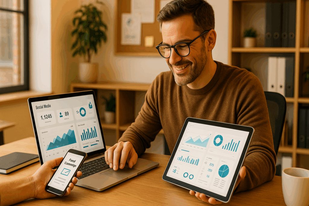 “Omni-Channel Approaches: Why Your Small Business Marketing Strategy Needs More Than One Platform — small business owner managing digital marketing channels across laptop, phone, and analytics dashboards.”