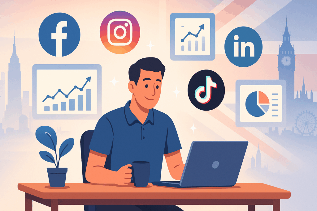A flat-style digital illustration of a small business owner working on a laptop at a desk surrounded by floating social media icons (Facebook, Instagram, LinkedIn, TikTok), analytics charts, and dashboards, with blended skylines of New York and London in the background symbolizing USA and UK connection.