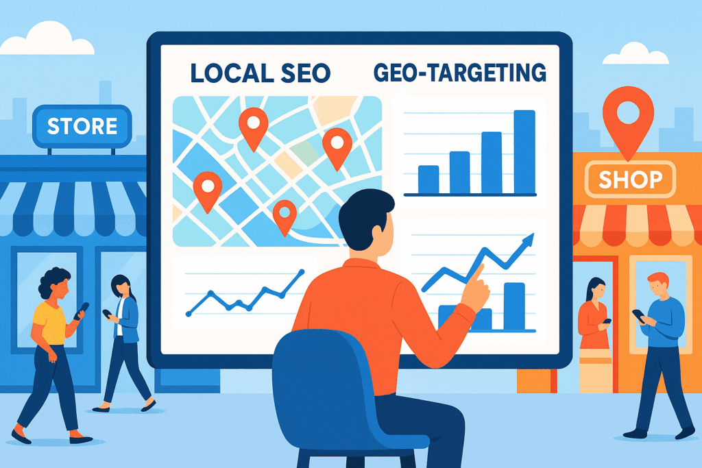 Local SEO and Geo-Targeting: Smart Marketing Strategies for Small Business Visibility — showing a business owner analyzing maps, digital ads, and local data to attract nearby customers in the USA and UK.