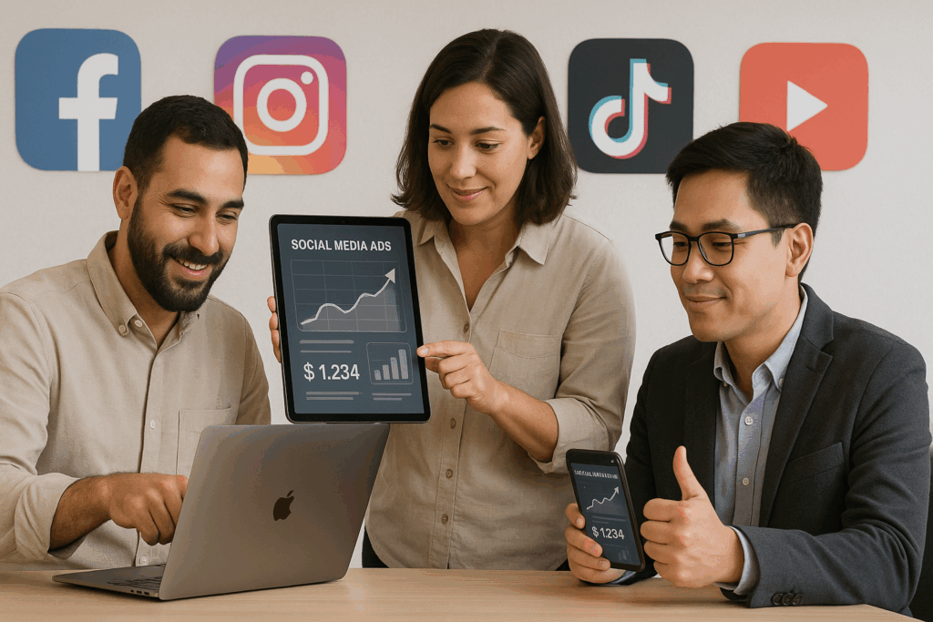 Social Media Advertising Trends to Watch in 2025 for Small Businesses — digital illustration of marketers analyzing social media ads, with icons of Facebook, Instagram, TikTok, and LinkedIn representing 2025 marketing trends.