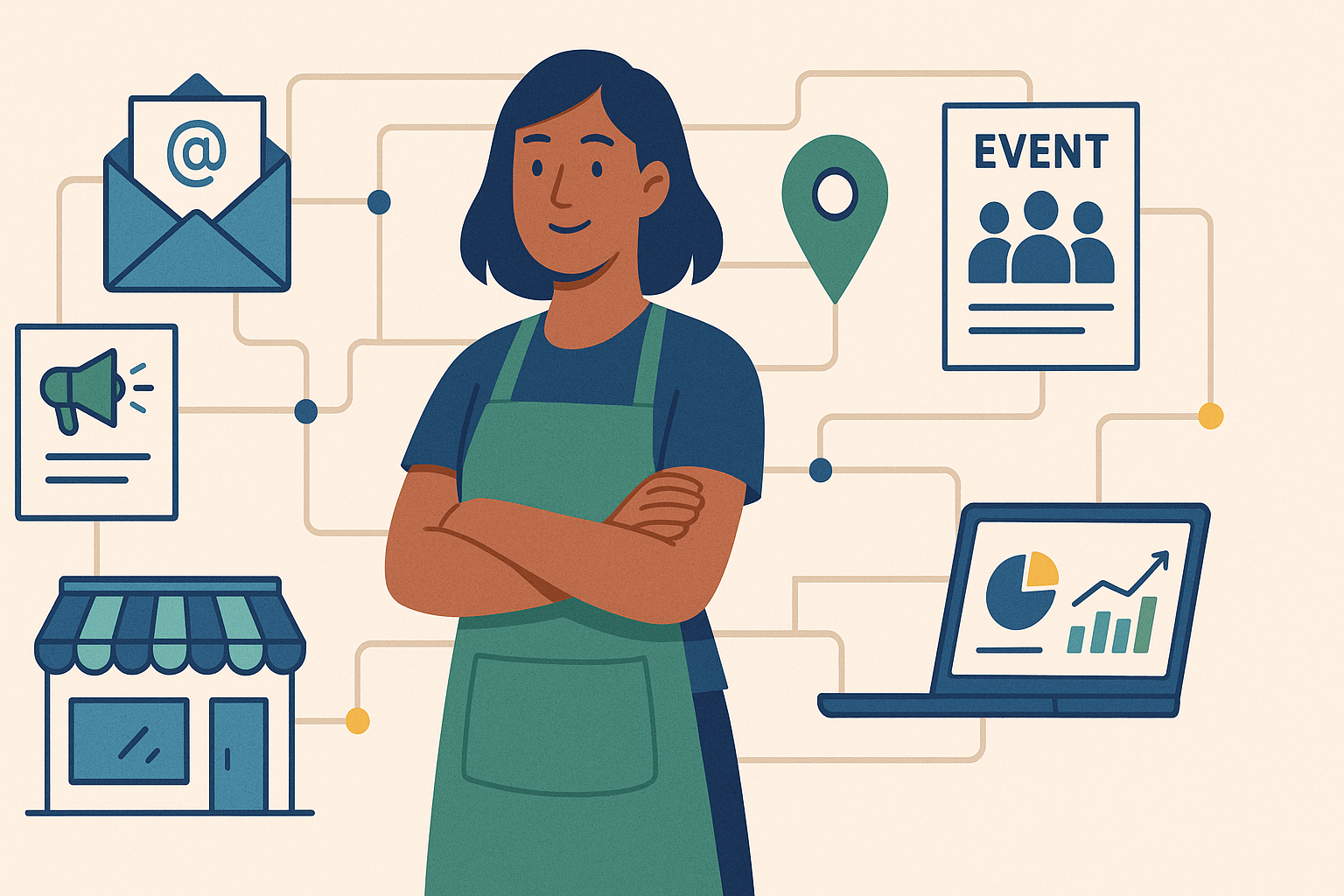 “Marketing Strategies for Small Business Without Social Media: Alternative Channels That Work — illustration showing a business owner using email, SEO, and local partnerships instead of social media.”