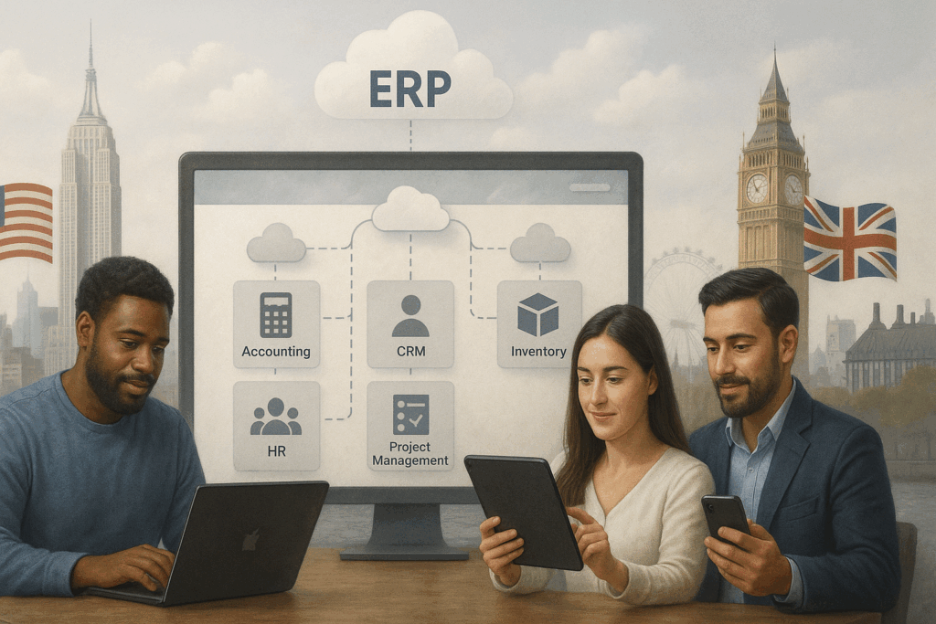 “Illustration of U.S. and U.K. small business owners using cloud-based ERP modules like accounting, inventory, CRM, HR, and project management in 2025, showing digital dashboards and modern business technology.”