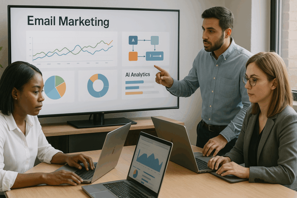 “Business team using the Best Email Automation Tools for Small Businesses in 2025 to plan marketing campaigns and analyze performance dashboards.”