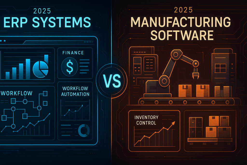 “Split-screen illustration comparing ERP systems and manufacturing software in 2025, showing business dashboards on one side and factory operations on the other.”