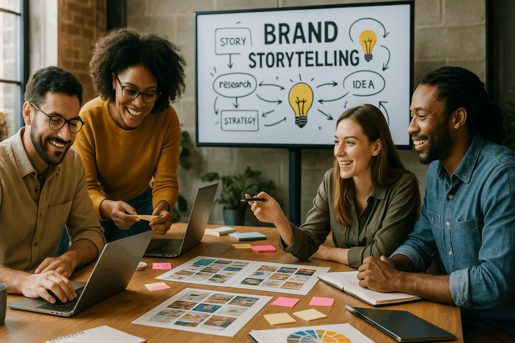 A diverse team of marketers and content creators brainstorming brand storytelling ideas in a modern office with laptops, notebooks, and a large digital screen displaying concepts.