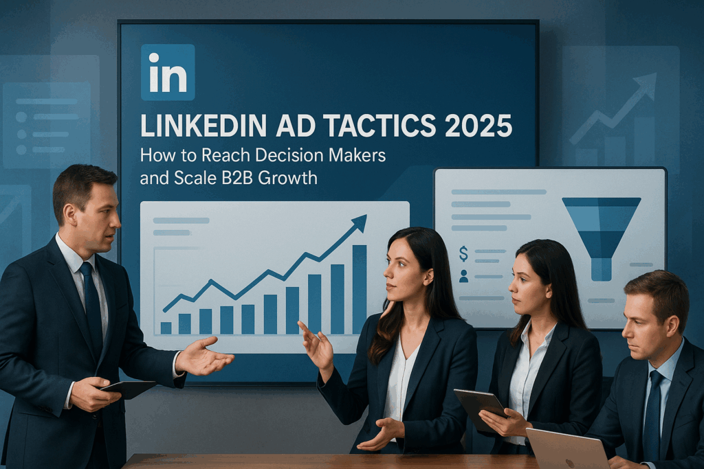 “LinkedIn Ad Tactics 2025: How to Reach Decision Makers and Scale B2B Growth featured image showing professionals analyzing LinkedIn ads and B2B targeting dashboards.”