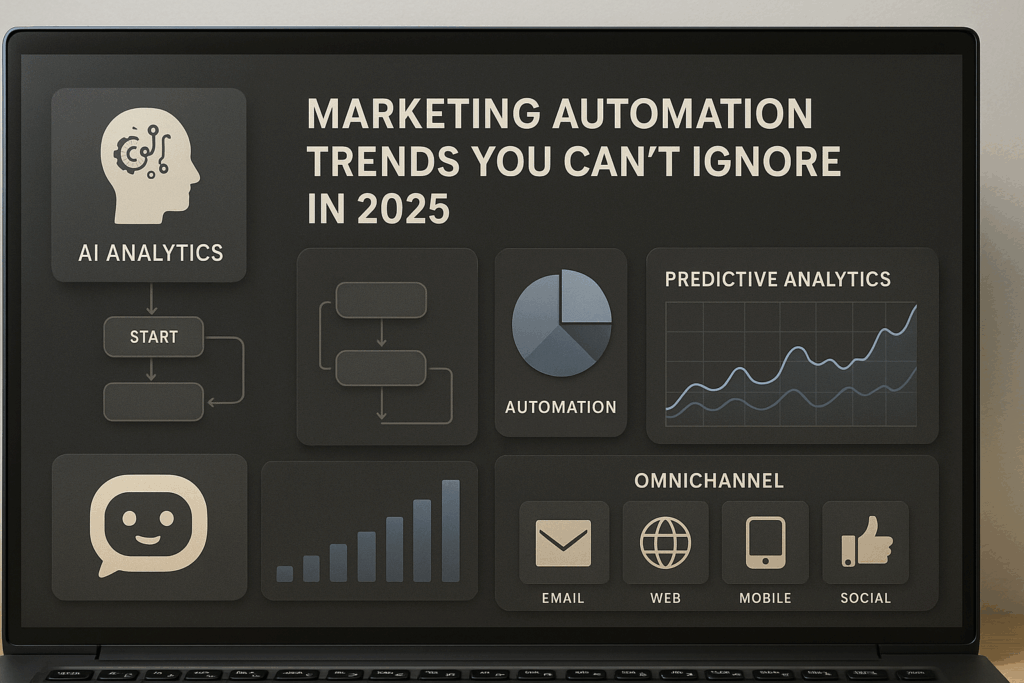 Marketing Automation Trends You Can’t Ignore in 2025 illustrated with AI dashboards, automation workflows, and predictive analytics visuals.