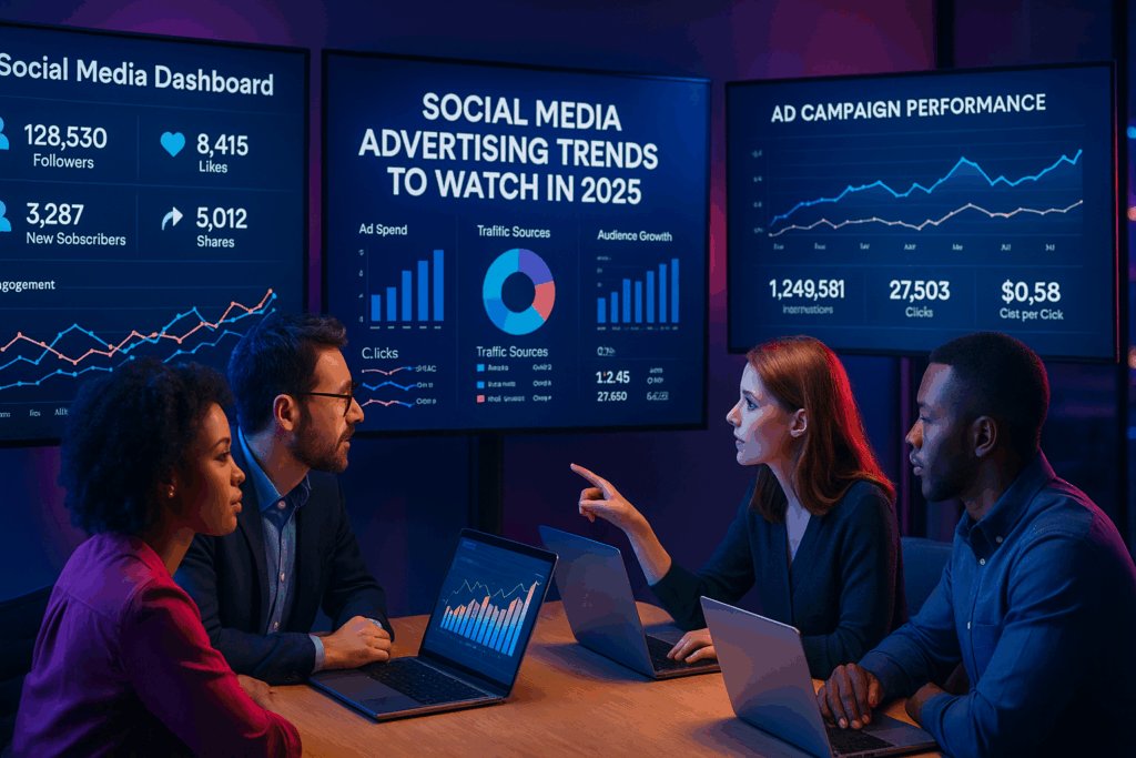 “Social Media Advertising Trends to Watch in 2025 for Small Businesses – team reviewing social media campaign analytics in modern office.”