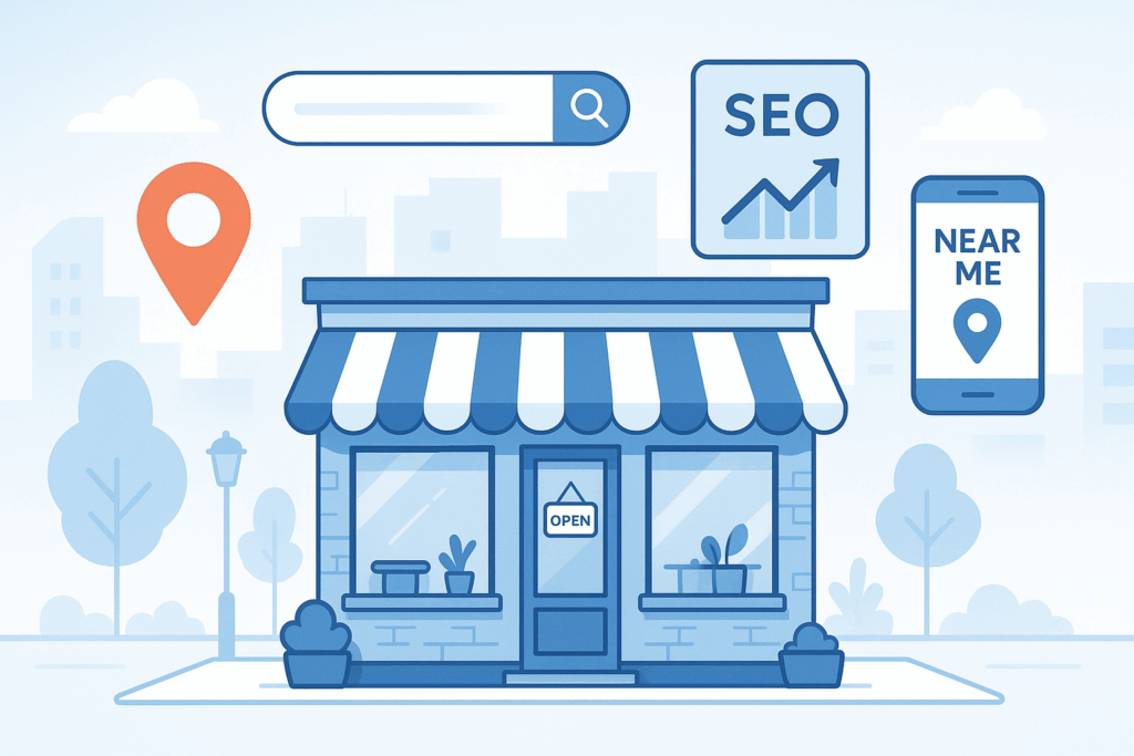 “Local SEO for Small Businesses in 2025: How to Dominate Local Searches — illustration showing a small business leveraging Google Maps and SEO tools to attract local customers.”
