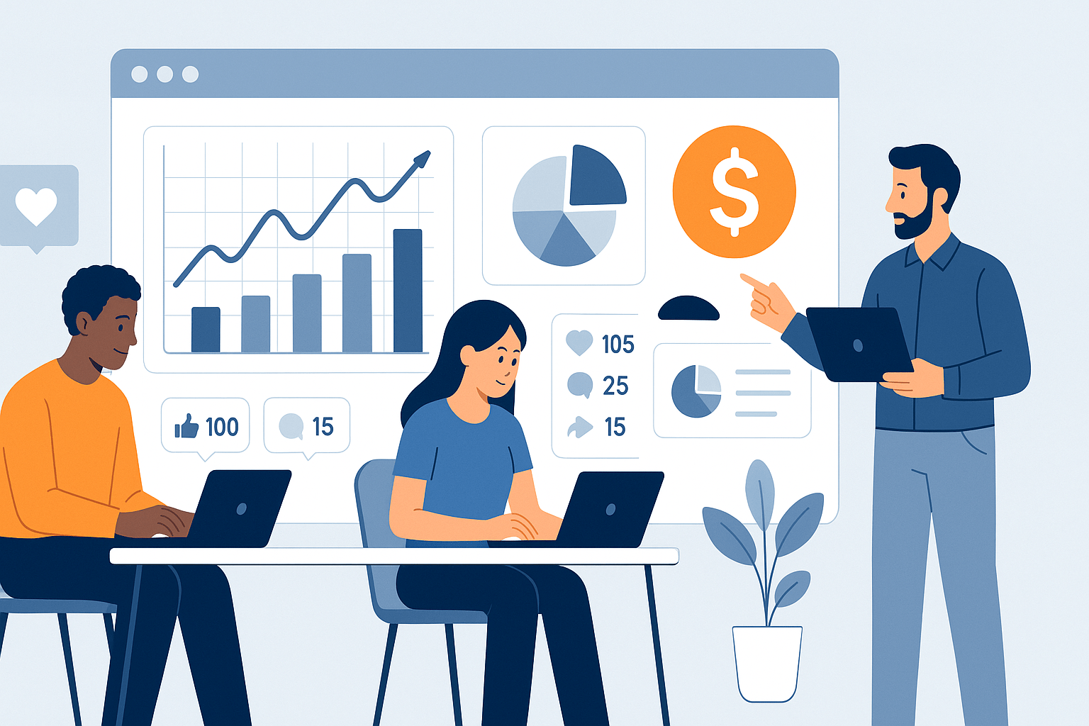 A flat-style digital illustration of small business owners analyzing social media analytics on laptops and dashboards, featuring graphs, charts, engagement icons, and ROI symbols in a clean workspace with blue, white, gray, and orange tones.
