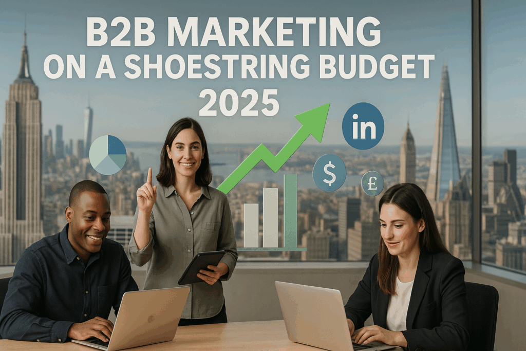 B2B Marketing on a Shoestring Budget 2025 – small marketing team using laptops and digital tools with USA and UK skyline background, symbolizing creative low-budget B2B growth strategies.