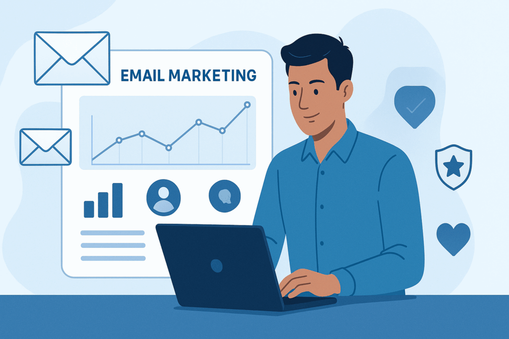 A professional digital illustration showing a small business owner working on a laptop, analyzing an email marketing dashboard with graphs, envelope icons, hearts, and loyalty badges in soft blue and white tones, symbolizing trust and growth.