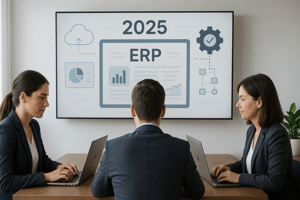 “Modern illustrated small business team working on an ERP dashboard with laptops and large screens, surrounded by cloud icons, analytics charts, and automation visuals in a clean, futuristic 2025 office.”