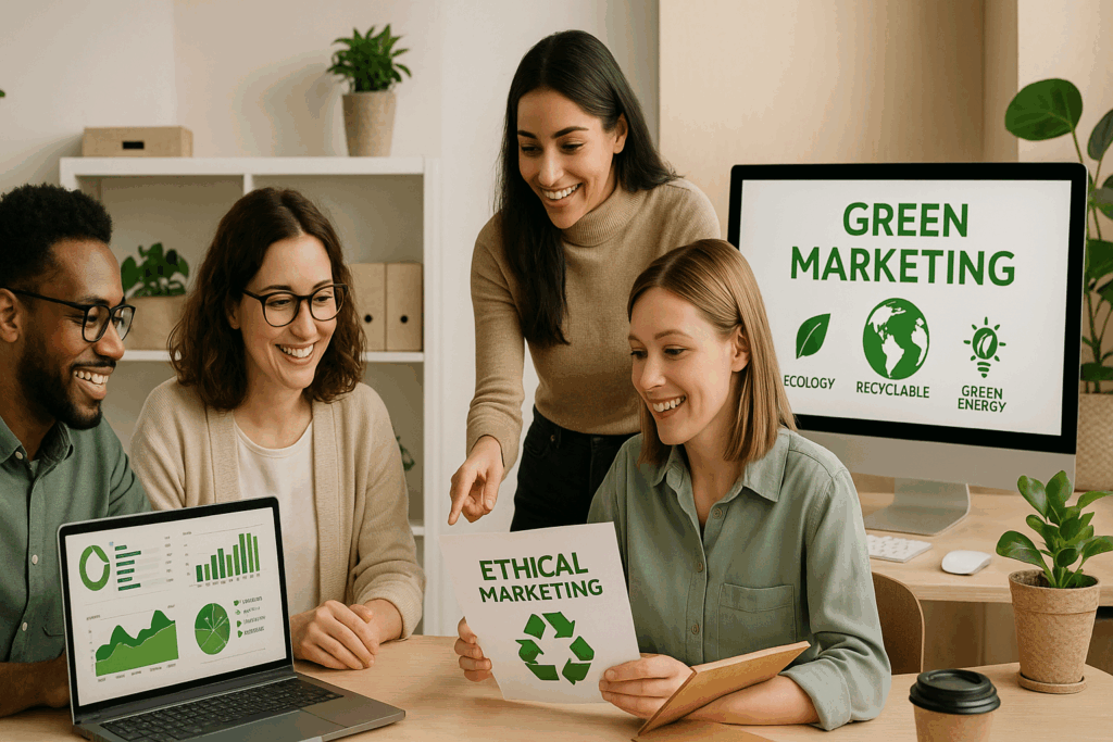 A diverse small business team collaborates on sustainable and ethical marketing strategies in a bright, eco-friendly office with plants, laptops showing green analytics, and a screen displaying “Green Marketing.”