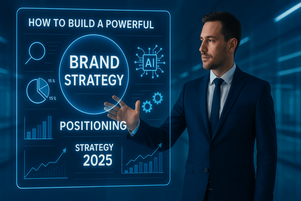 “How to Build a Powerful Brand Positioning Strategy in 2025 — futuristic marketing professional presenting brand data and analytics on a digital holographic display.”