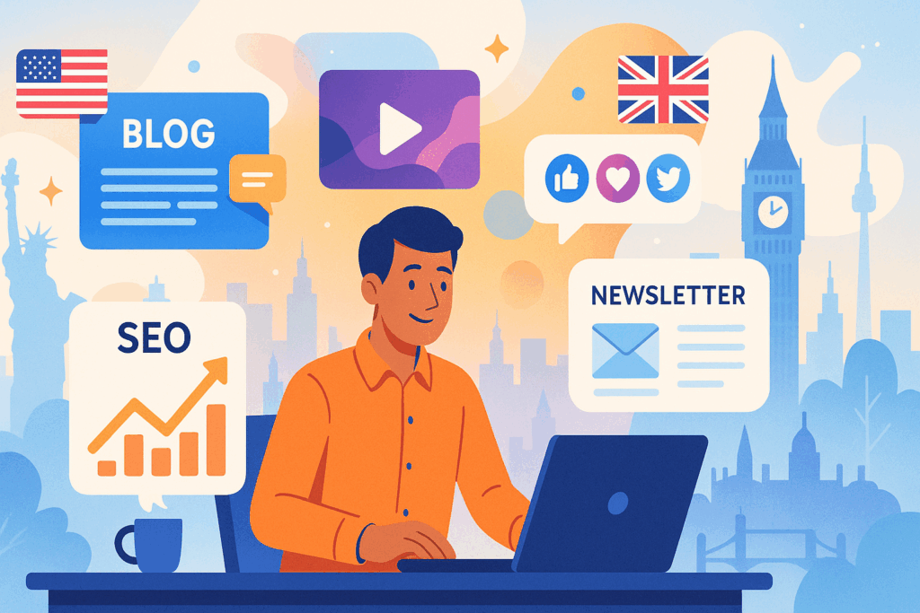 A modern digital illustration of a small business owner at a desk surrounded by floating digital screens showing blogs, videos, social media icons, newsletters, and SEO charts, with USA and UK symbols like flags and skylines in the background, representing creativity and content-driven marketing.