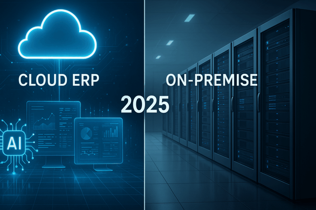 “Split-screen comparison of Cloud ERP vs On-Premise ERP in 2025. Left side shows glowing cloud servers, AI icons, and digital dashboards in a futuristic blue theme. Right side displays physical on-premise server racks inside a data center. High-tech 2025 aesthetic with blue and silver color scheme and flowing digital data visuals.”