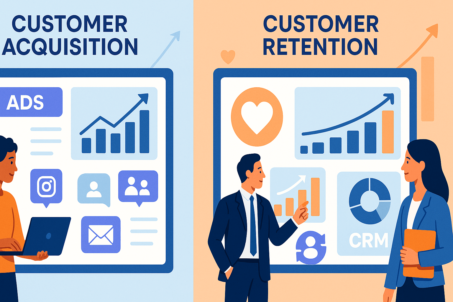 “Small Business Marketing Strategy for Customer Retention vs. Acquisition — team analyzing data on customer loyalty and new client growth.”